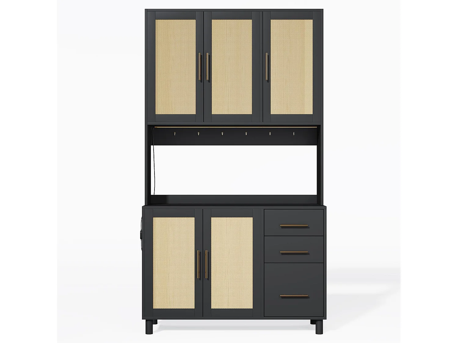 Rattan Dressoir met Multikleur LED, USB, Stopcontacten, 3 Lades, Verstelbare Planken en Gouden Metalen Handvatten – Ideaal voor Keuken en Eetkamer
