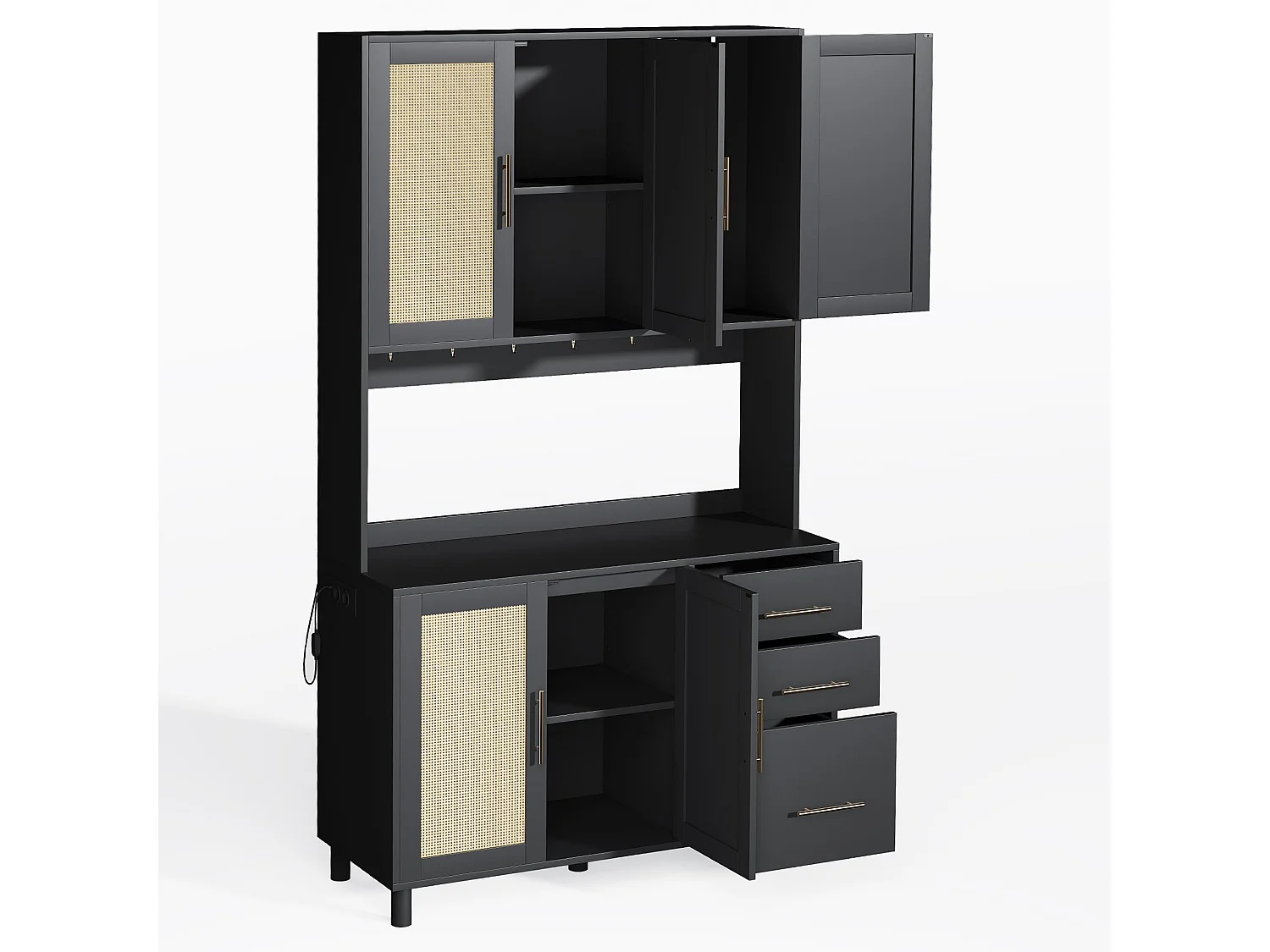 Rattan Dressoir met Multikleur LED, USB, Stopcontacten, 3 Lades, Verstelbare Planken en Gouden Metalen Handvatten – Ideaal voor Keuken en Eetkamer