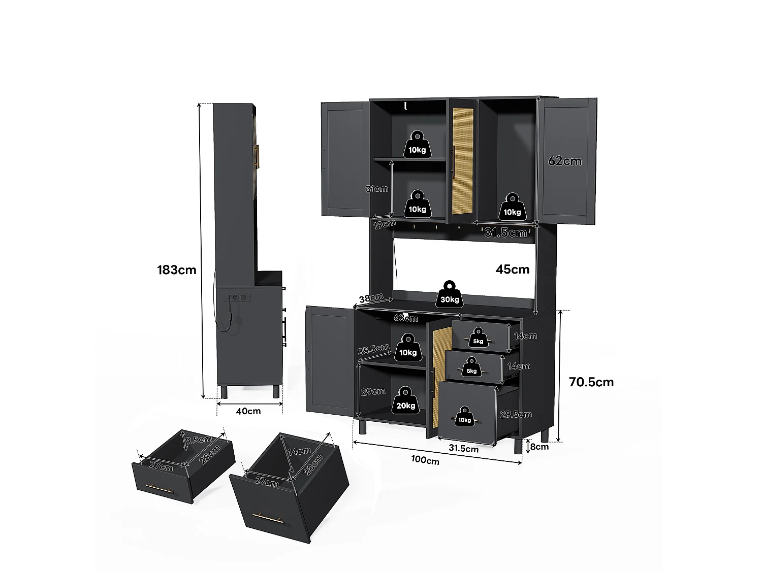 Rattan Dressoir met Multikleur LED, USB, Stopcontacten, 3 Lades, Verstelbare Planken en Gouden Metalen Handvatten – Ideaal voor Keuken en Eetkamer