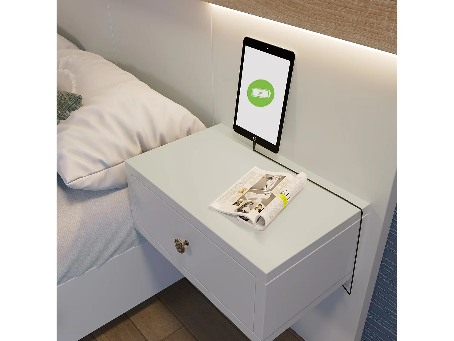 Hängedoppelbett mit 2 LED-Nachttischen und USB-Typ-C-Buchse, 205x244x90,5 cm, Sonoma-Eiche/Weiß, inklusive Lattenrost - ohne Matratze