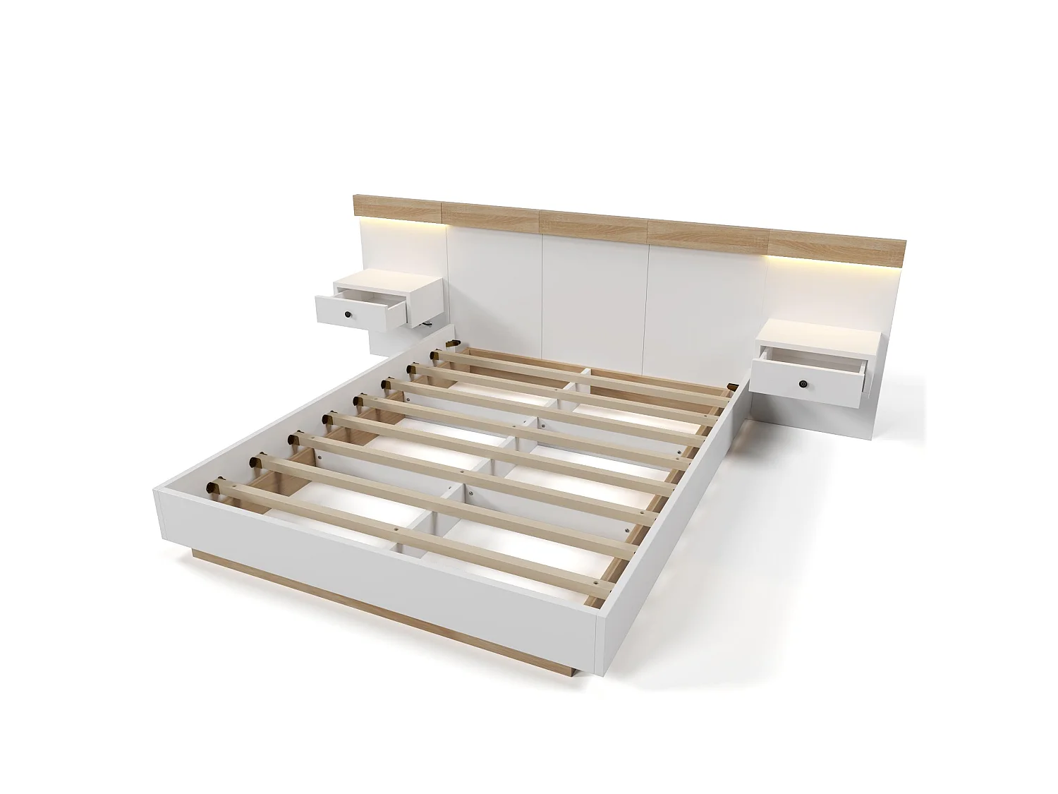Hängedoppelbett mit 2 LED-Nachttischen und USB-Typ-C-Buchse, 205x244x90,5 cm, Sonoma-Eiche/Weiß, inklusive Lattenrost - ohne Matratze