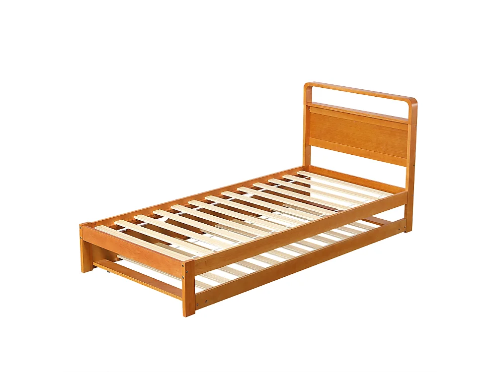 90x200 cm houten bed met onderschuifbed, 2-in-1 functioneel bed met omkeerbaar extra bed, afgerond hoofd en ruimtebesparend