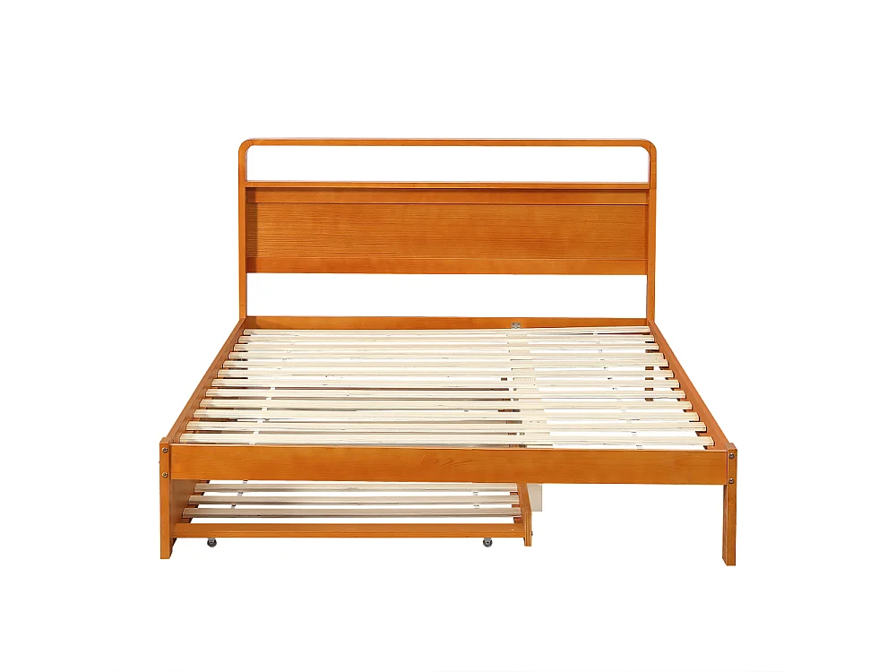 140x200 cm houten bed met onderschuifbed, functioneel 2-in-1 bed met omkeerbaar extra bed, afgerond hoofdeinde en ruimtebesparend