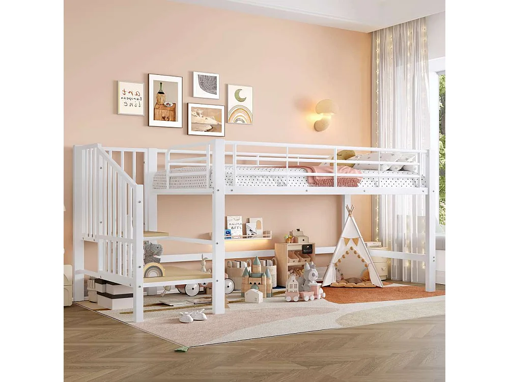 Letto a soppalco 90x200 con scala di stoccaggio – Struttura in metallo stabile, doghe incluse e montaggio facile, perfetto per la cameretta