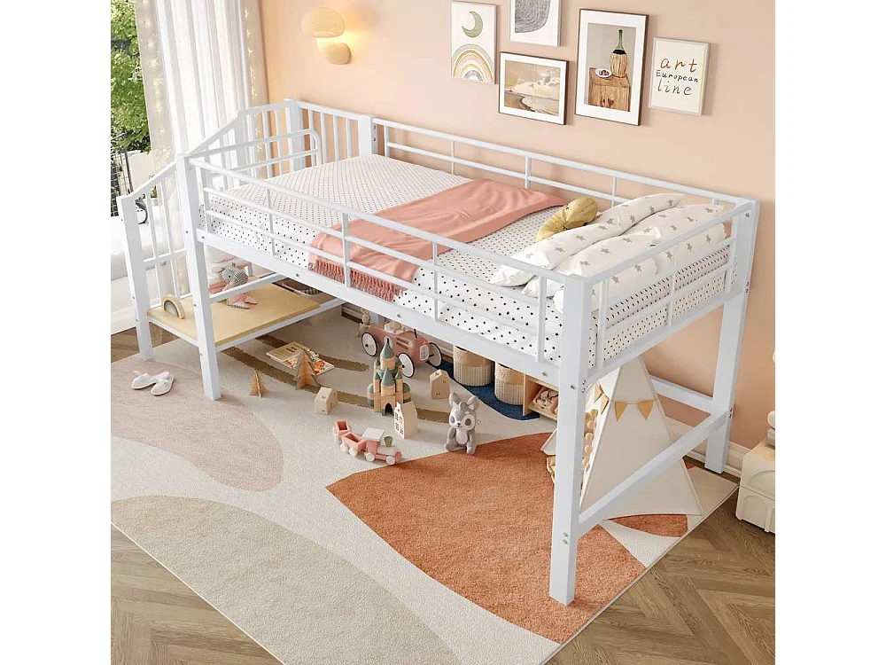 Letto a soppalco 90x200 con scala di stoccaggio – Struttura in metallo stabile, doghe incluse e montaggio facile, perfetto per la cameretta