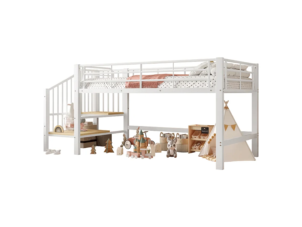 Letto a soppalco 90x200 con scala di stoccaggio – Struttura in metallo stabile, doghe incluse e montaggio facile, perfetto per la cameretta