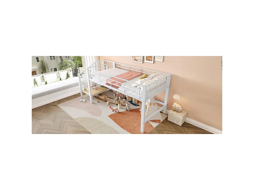 Letto a soppalco 90x200 con scala di stoccaggio – Struttura in metallo stabile, doghe incluse e montaggio facile, perfetto per la cameretta
