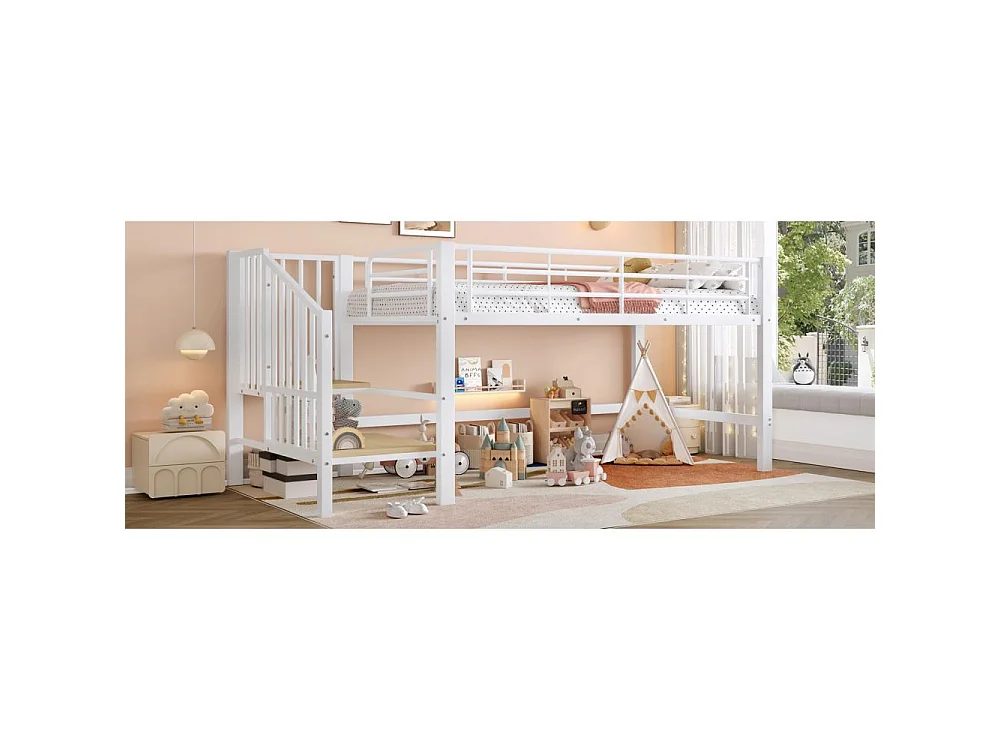 Letto a soppalco 90x200 con scala di stoccaggio – Struttura in metallo stabile, doghe incluse e montaggio facile, perfetto per la cameretta