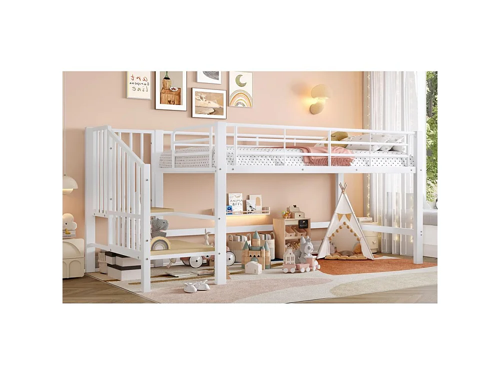 Letto a soppalco 90x200 con scala di stoccaggio – Struttura in metallo stabile, doghe incluse e montaggio facile, perfetto per la cameretta