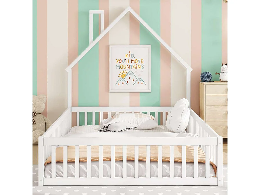Letto per bambini 140x190 cm in legno di pino con forma a camino, rete a doghe inclusa, struttura sicura in MDF, design minimalista, senza materasso