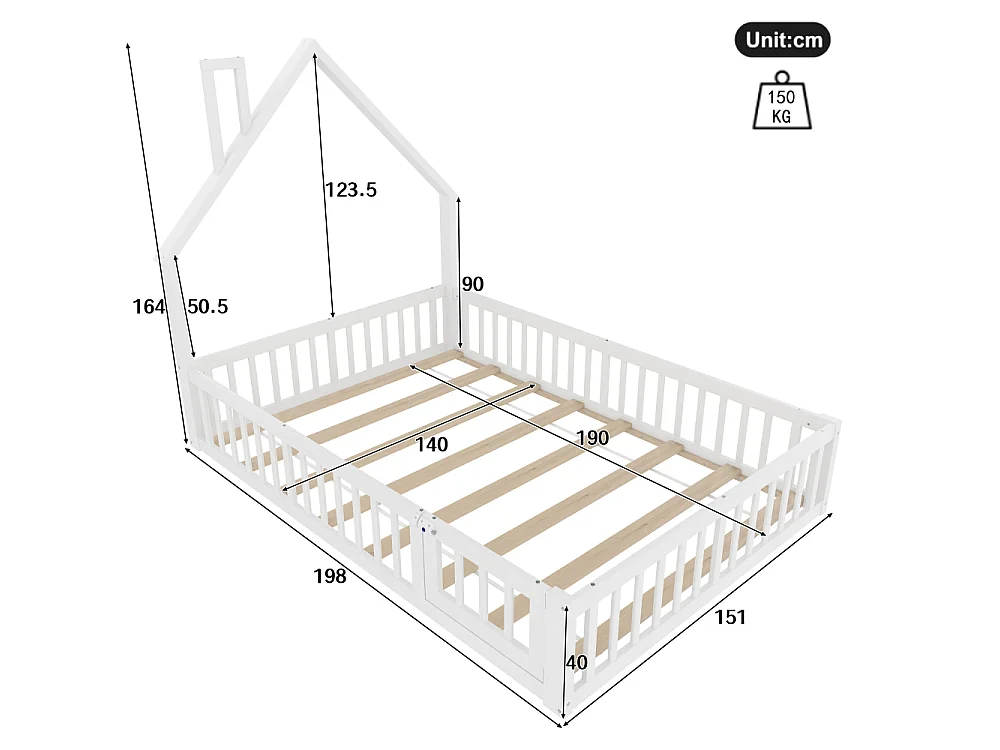 Letto per bambini 140x190 cm in legno di pino con forma a camino, rete a doghe inclusa, struttura sicura in MDF, design minimalista, senza materasso