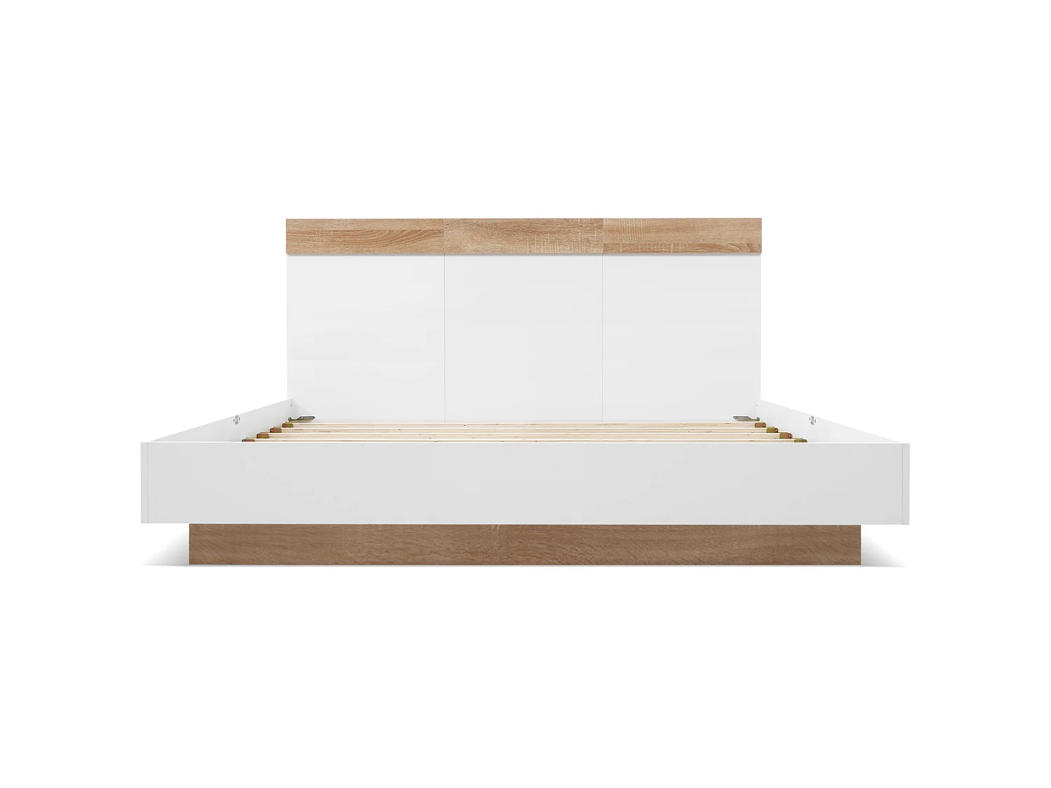 Hängedoppelbett aus Holz mit Kopfteil, Rahmen und Lattenrost – 205 x 144 x 90,5 cm, modernes Design in Sonoma-Eiche/Weiß (ohne Matratze).