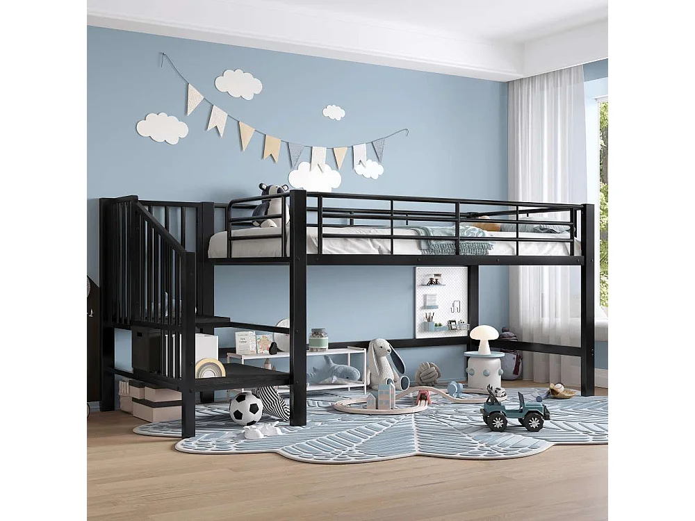 Letto a soppalco 90x200 con scala di stoccaggio – Struttura in metallo stabile, doghe incluse e montaggio facile, perfetto per la cameretta