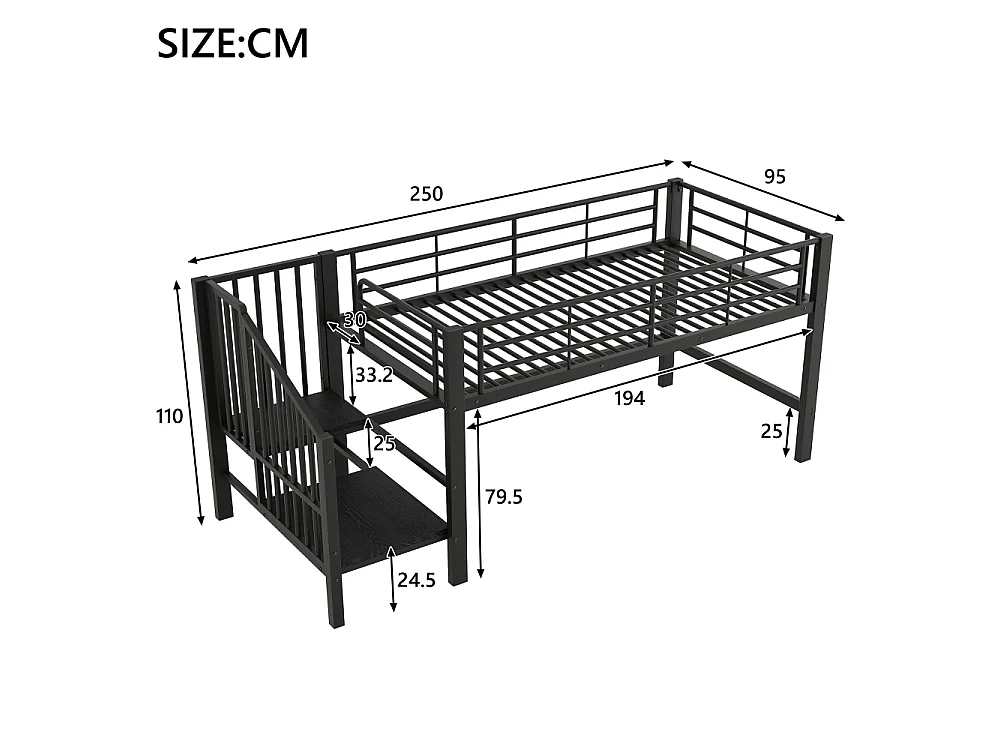 Letto a soppalco 90x200 con scala di stoccaggio – Struttura in metallo stabile, doghe incluse e montaggio facile, perfetto per la cameretta