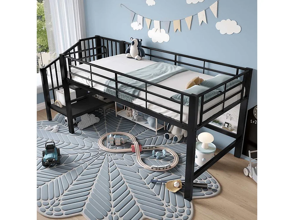 Letto a soppalco 90x200 con scala di stoccaggio – Struttura in metallo stabile, doghe incluse e montaggio facile, perfetto per la cameretta