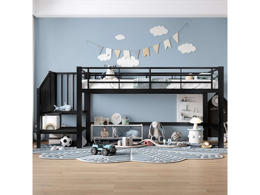 Letto a soppalco 90x200 con scala di stoccaggio – Struttura in metallo stabile, doghe incluse e montaggio facile, perfetto per la cameretta