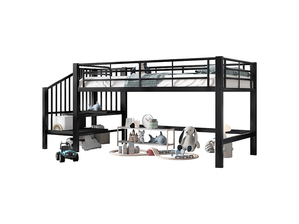 Letto a soppalco 90x200 con scala di stoccaggio – Struttura in metallo stabile, doghe incluse e montaggio facile, perfetto per la cameretta