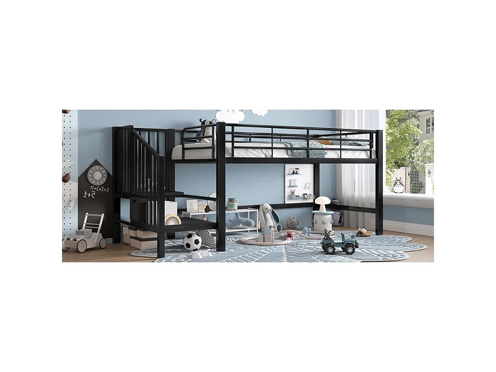 Letto a soppalco 90x200 con scala di stoccaggio – Struttura in metallo stabile, doghe incluse e montaggio facile, perfetto per la cameretta