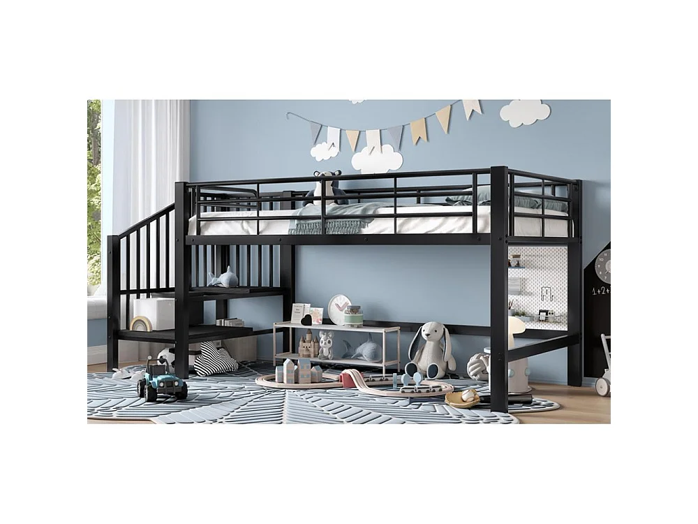 Letto a soppalco 90x200 con scala di stoccaggio – Struttura in metallo stabile, doghe incluse e montaggio facile, perfetto per la cameretta