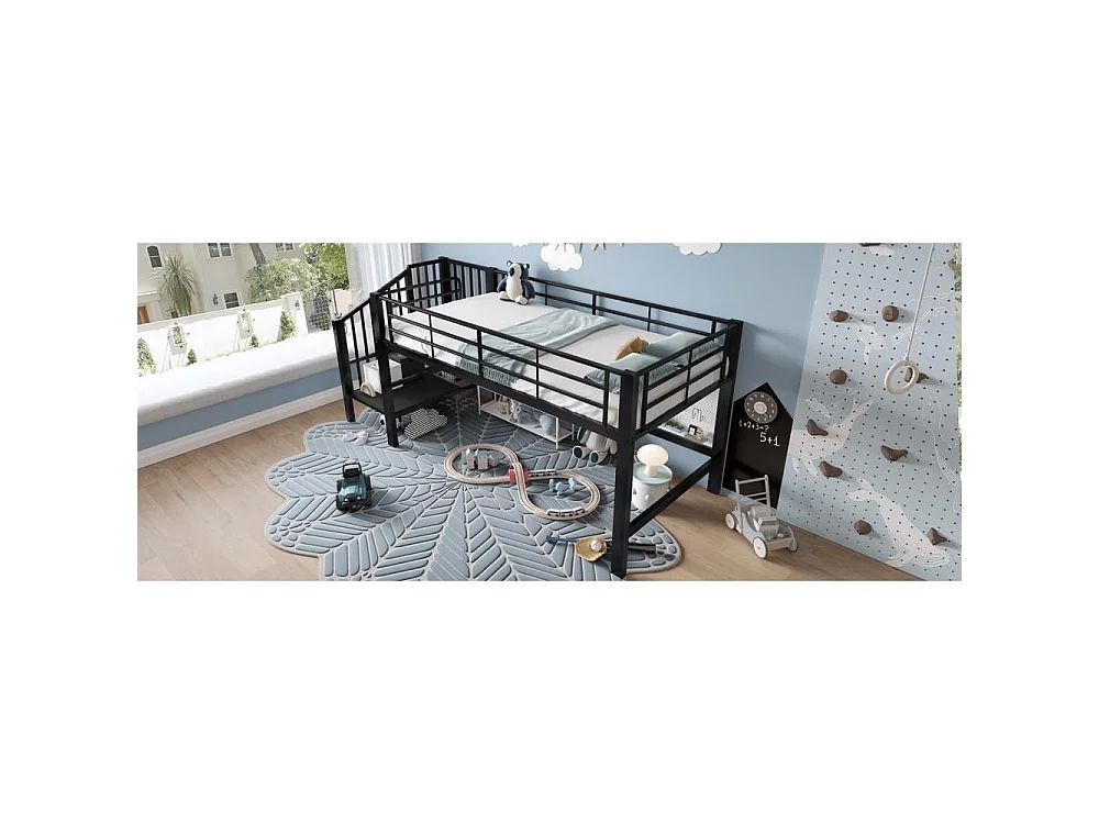 Letto a soppalco 90x200 con scala di stoccaggio – Struttura in metallo stabile, doghe incluse e montaggio facile, perfetto per la cameretta