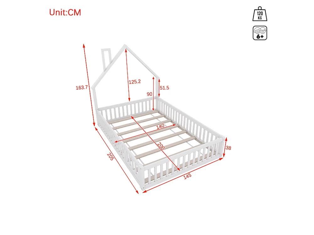 Lit enfant 140x200 cm en bois de pin avec forme cheminée, sommier inclus, sécurité optimale, design simple, sans matelas
