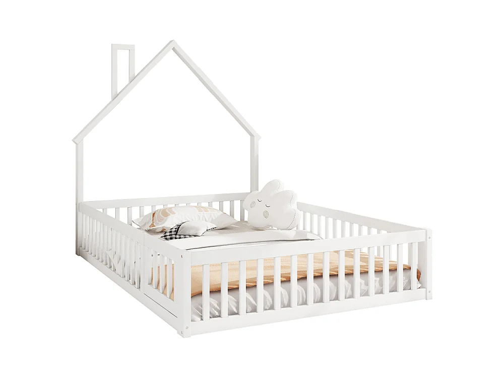 Lit enfant 140x200 cm en bois de pin avec forme cheminée, sommier inclus, sécurité optimale, design simple, sans matelas