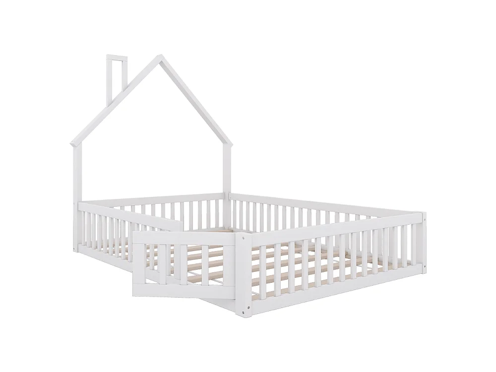 Lit enfant 140x200 cm en bois de pin avec forme cheminée, sommier inclus, sécurité optimale, design simple, sans matelas