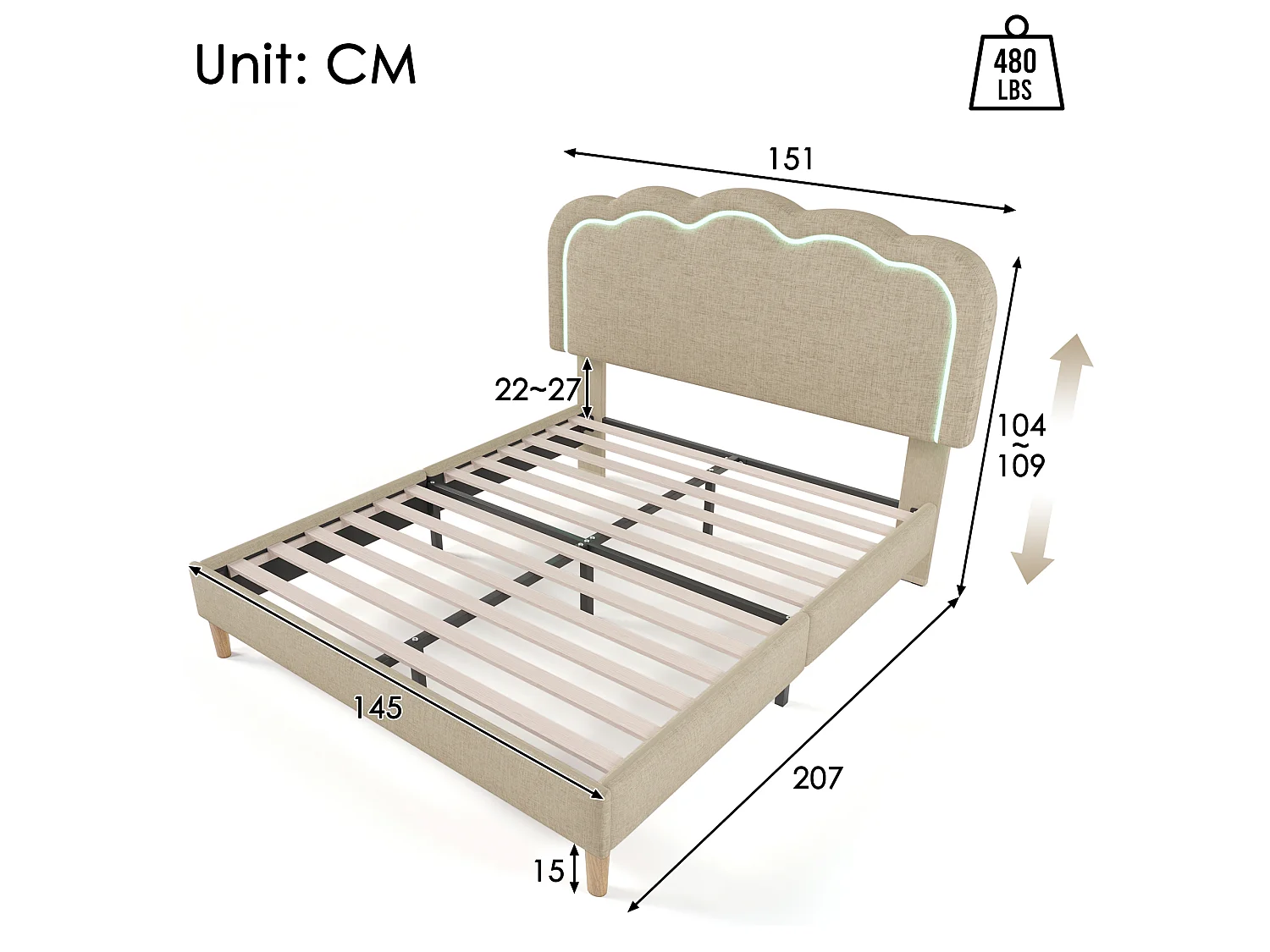 Lit rembourré LED moderne avec tête de lit réglable, 140*200cm, cadre robuste et lattes pour chambre