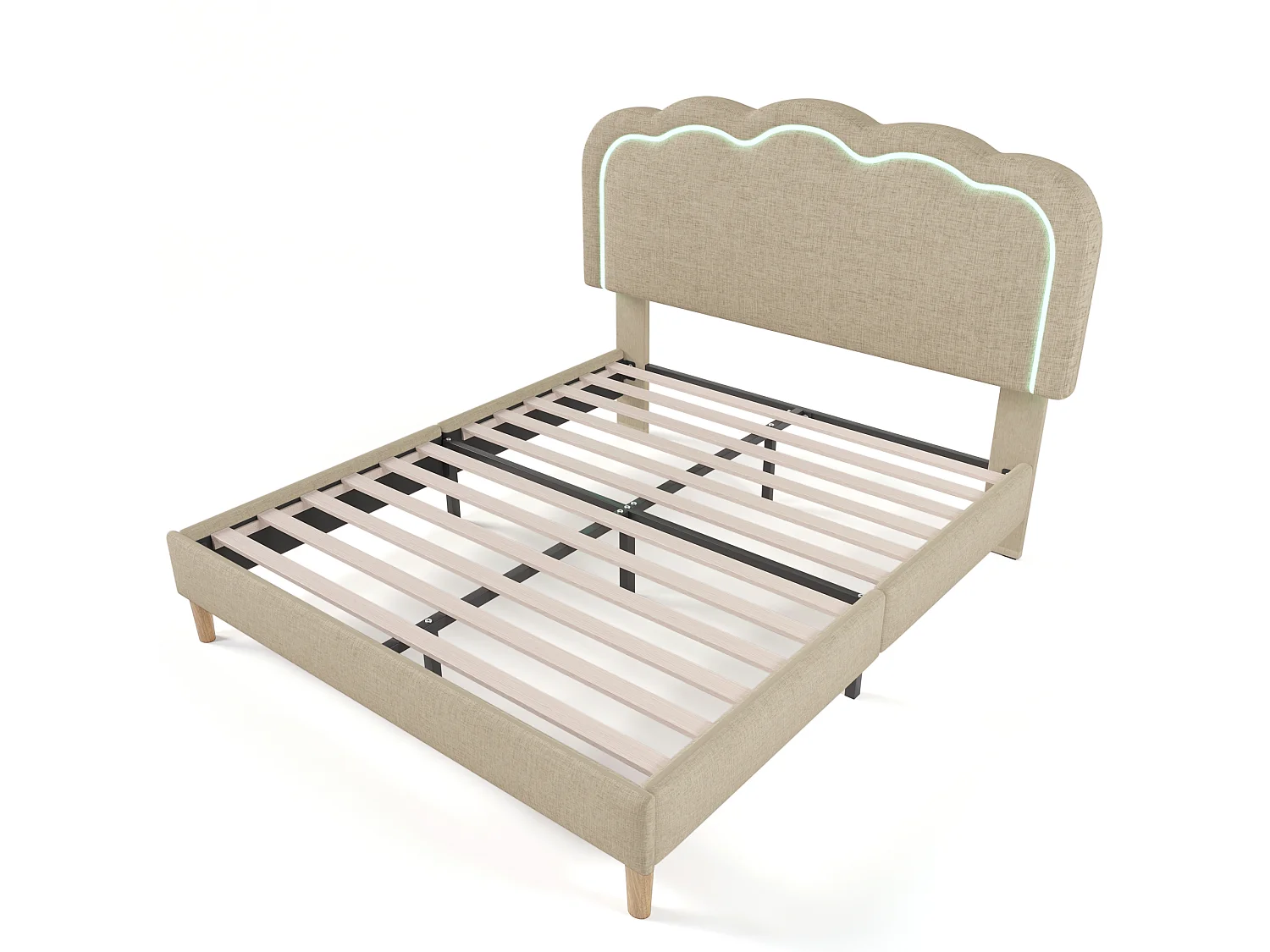 Lit rembourré LED moderne avec tête de lit réglable, 140*200cm, cadre robuste et lattes pour chambre