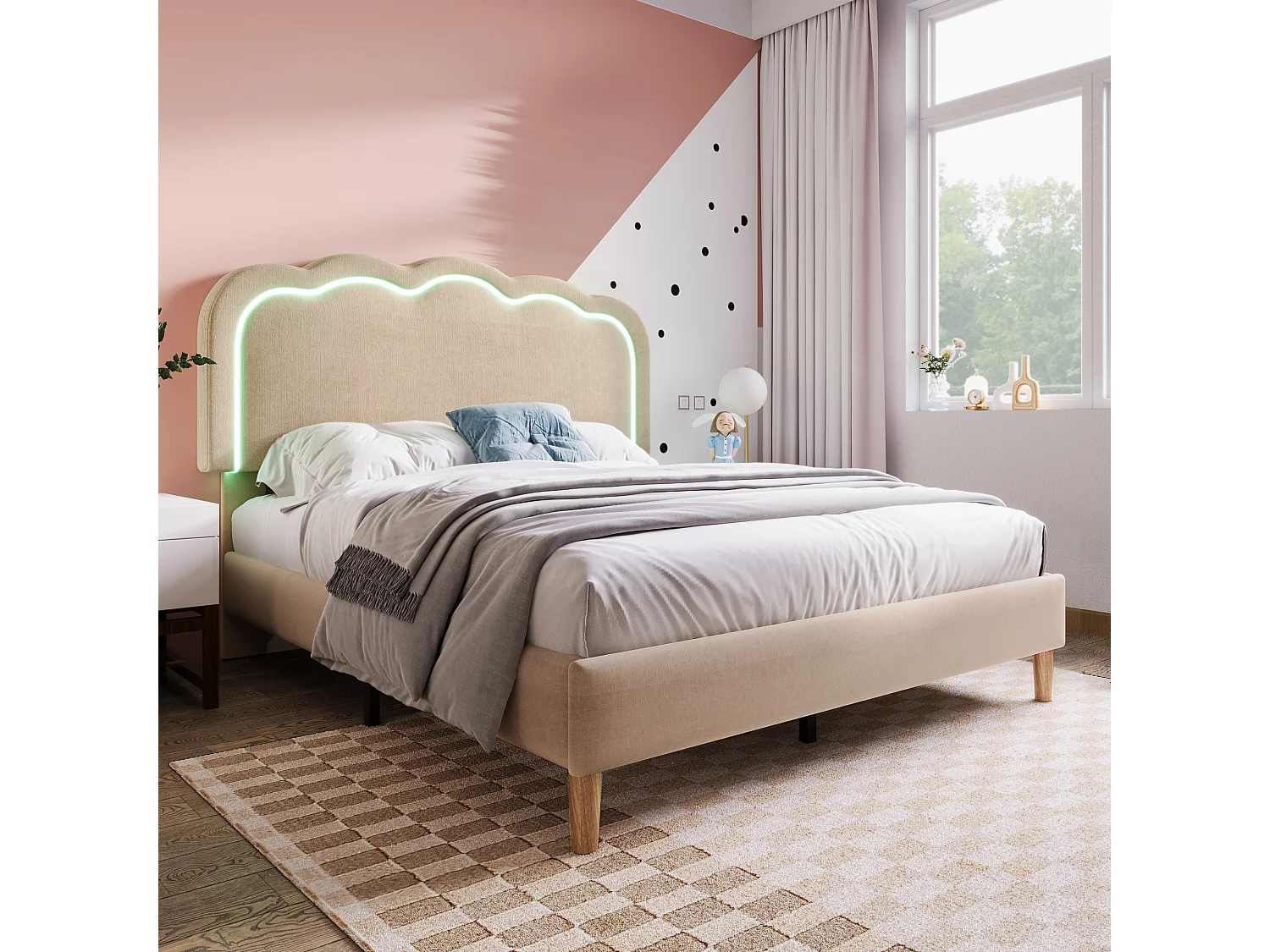 Lit rembourré LED moderne avec tête de lit réglable, 140*200cm, cadre robuste et lattes pour chambre