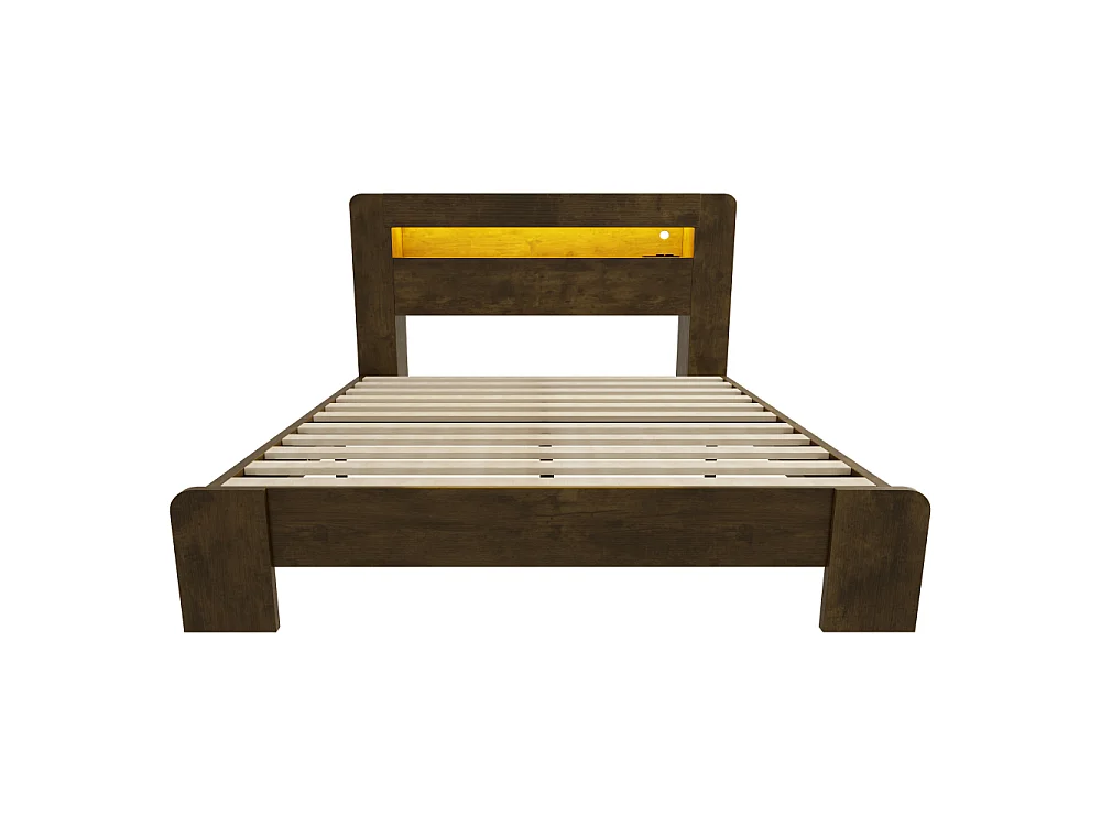 140 x 200 cm großes Holzplattformbett mit Stauraum, LED- und integrierten Steckdosen, modernes Vintage-Kopfteil