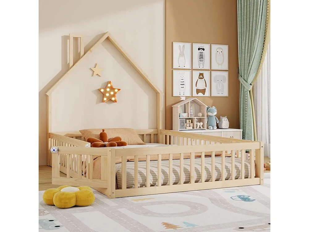 Kinderbed 140x200 cm in grenenhout, schoorsteenvormige structuur, inclusief boxspring, met beugels, minimalistisch design, zonder matras