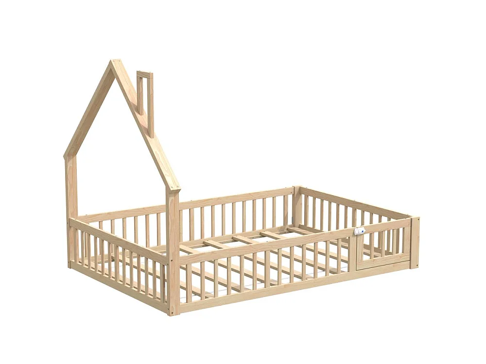 Kinderbed 140x200 cm in grenenhout, schoorsteenvormige structuur, inclusief boxspring, met beugels, minimalistisch design, zonder matras