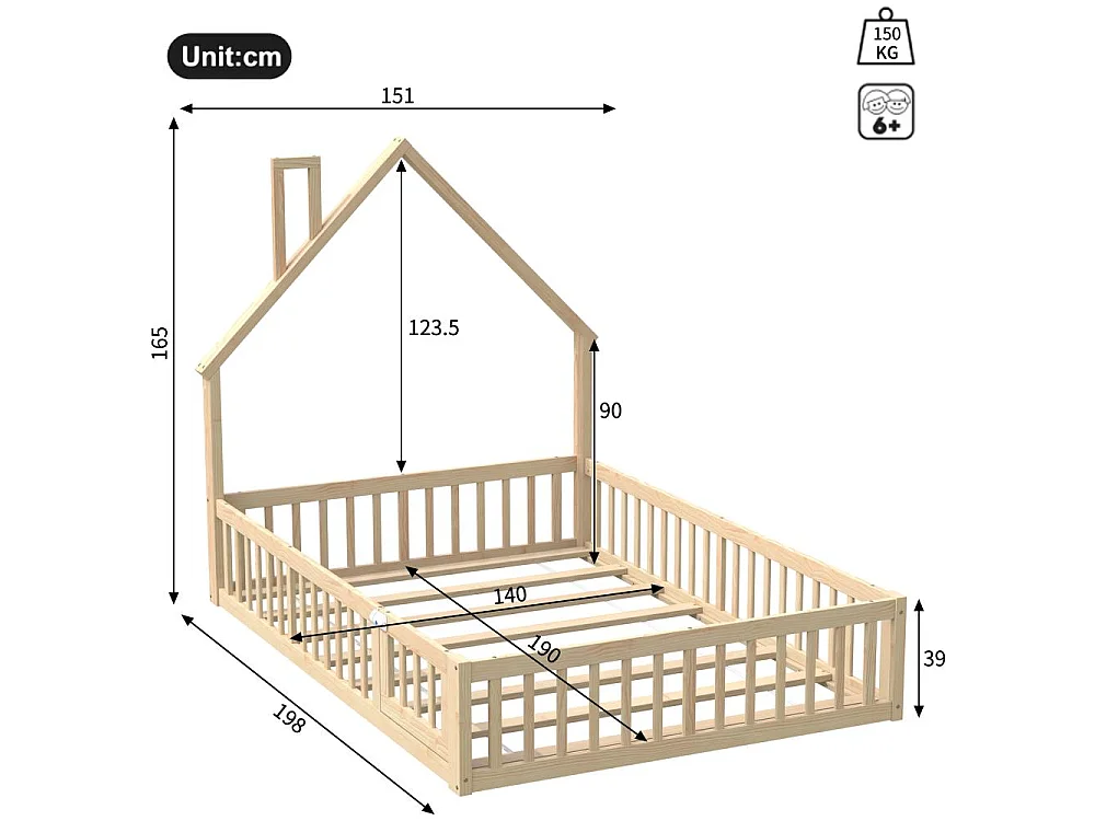 Lit enfant 140x190 cm en bois de pin avec forme cheminée, sommier inclus, structure sécurisée en MDF, design minimaliste, sans matelas