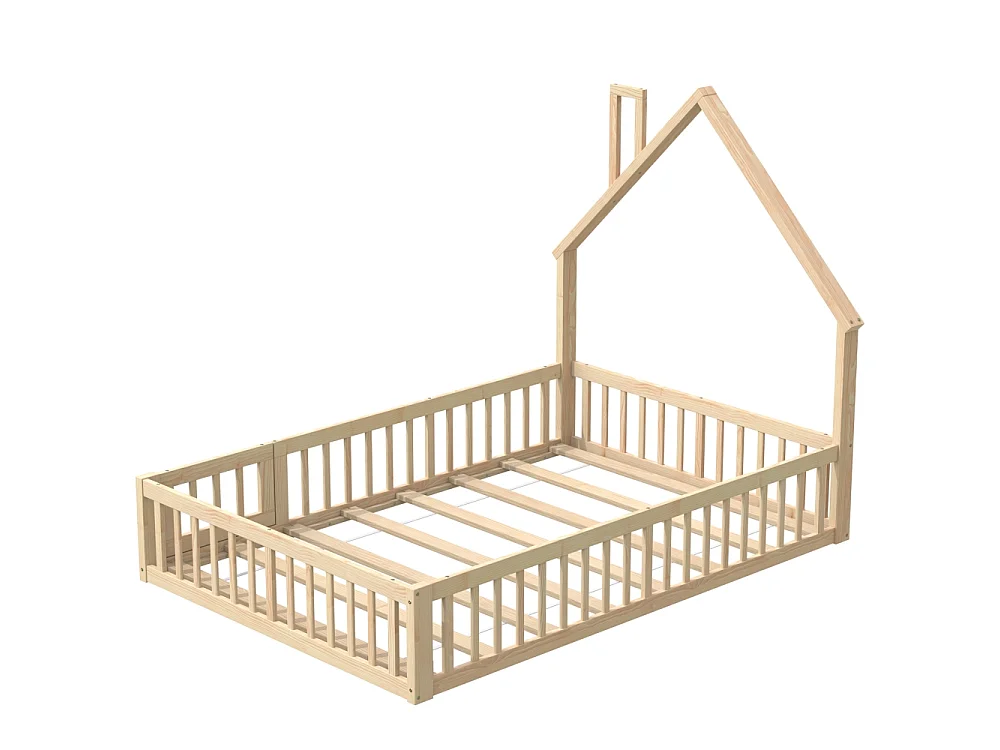 Lit enfant 140x190 cm en bois de pin avec forme cheminée, sommier inclus, structure sécurisée en MDF, design minimaliste, sans matelas