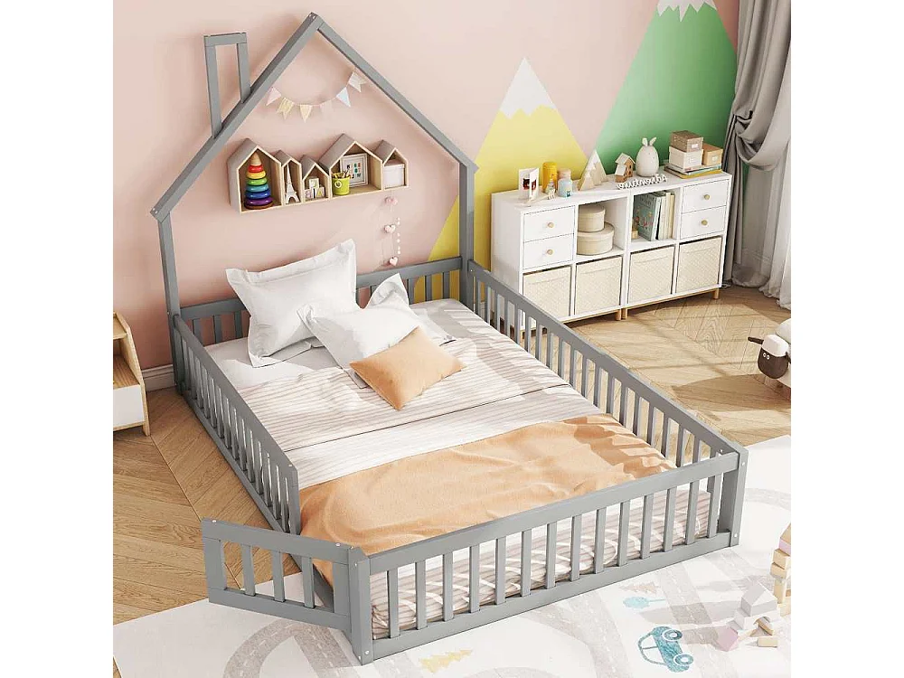Kinderbett 140x200 cm aus Kiefernholz in Kaminform, inklusive Boxspringbett, verstärkte Sicherheit, kreatives und minimalistisches Design, ohne Matratze