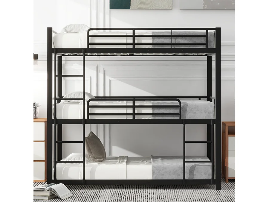 Lit superposé triple en métal 90x200cm, Noir,cadre en acier robuste, lit empilé pour enfants, adolescents et adultes
