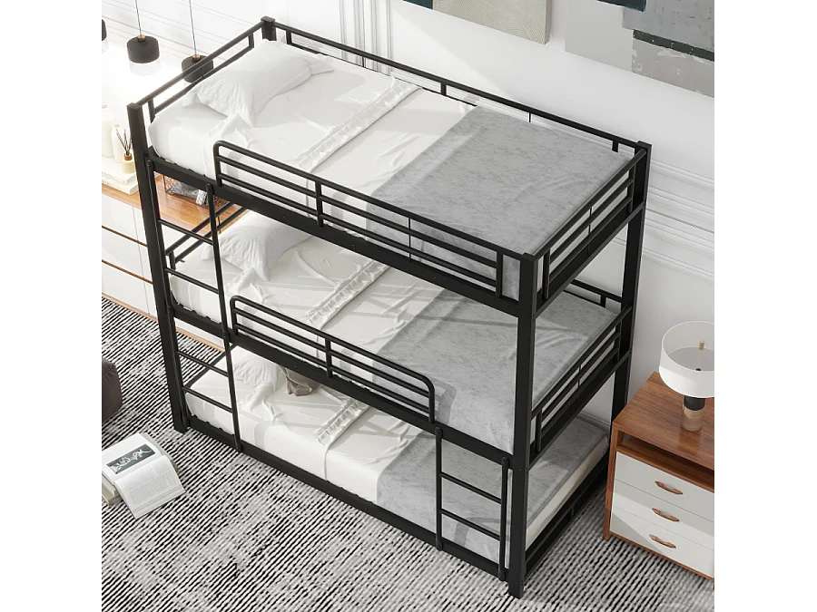 Lit superposé triple en métal 90x200cm, Noir,cadre en acier robuste, lit empilé pour enfants, adolescents et adultes