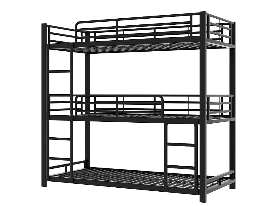 Lit superposé triple en métal 90x200cm, Noir,cadre en acier robuste, lit empilé pour enfants, adolescents et adultes