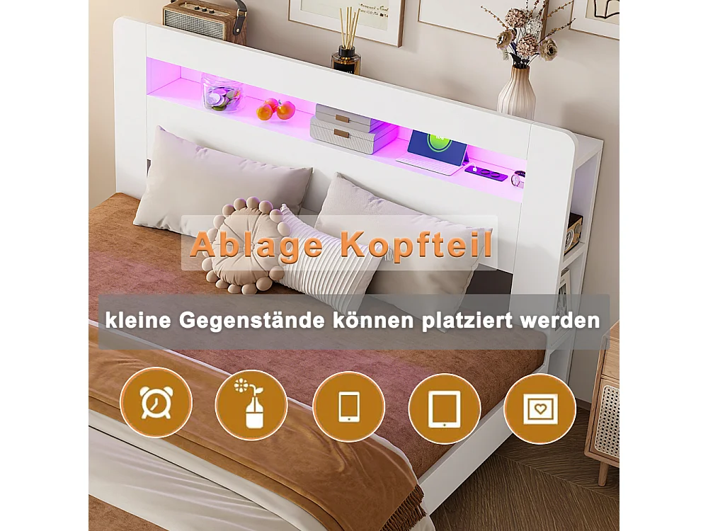 140 x 200 cm Lit plateforme en bois avec rangement, LED et prises intégrées, tête de lit vintage moderne