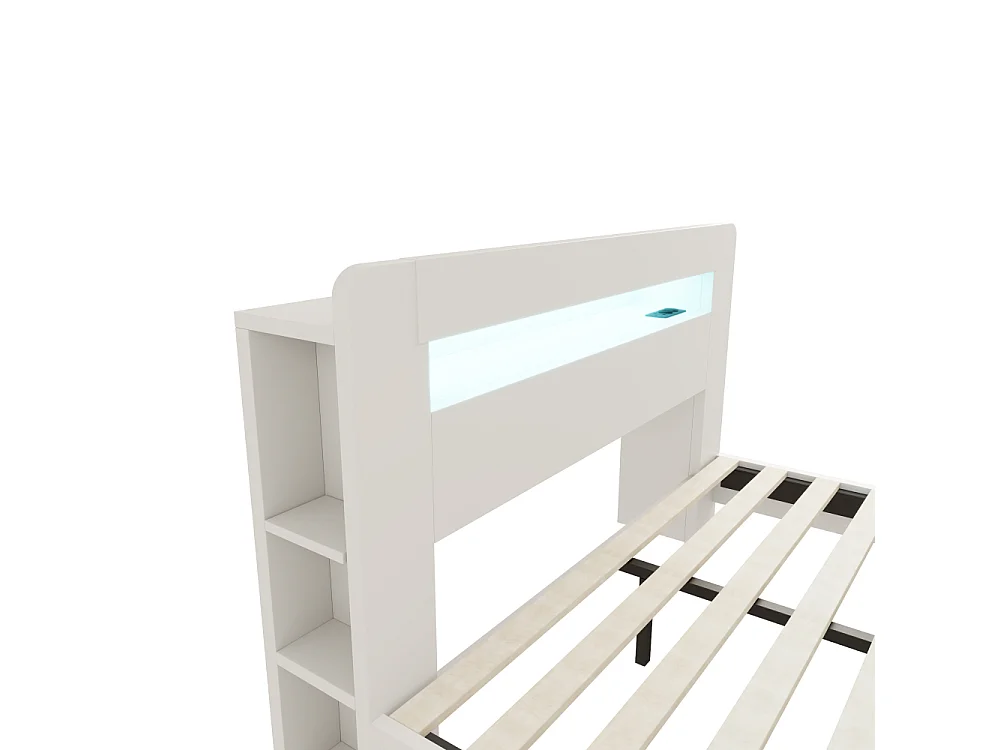 140 x 200 cm Lit plateforme en bois avec rangement, LED et prises intégrées, tête de lit vintage moderne