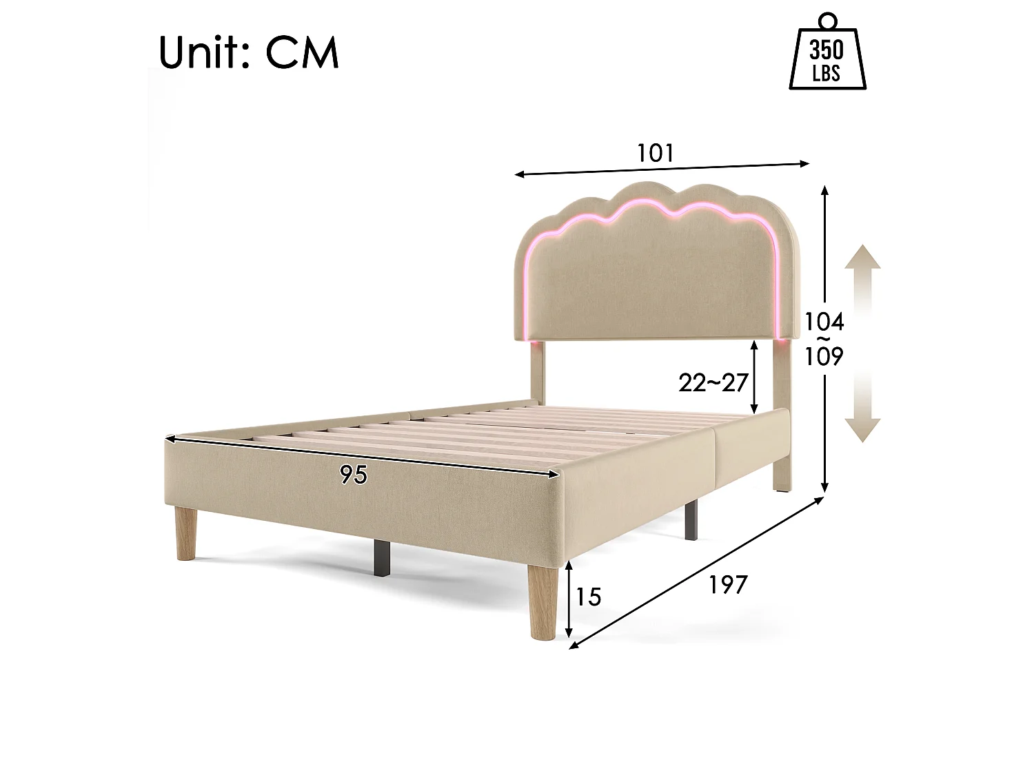 Letto imbottito LED moderno con testiera regolabile, 90*200 cm, struttura robusta e doghe per camera da letto
