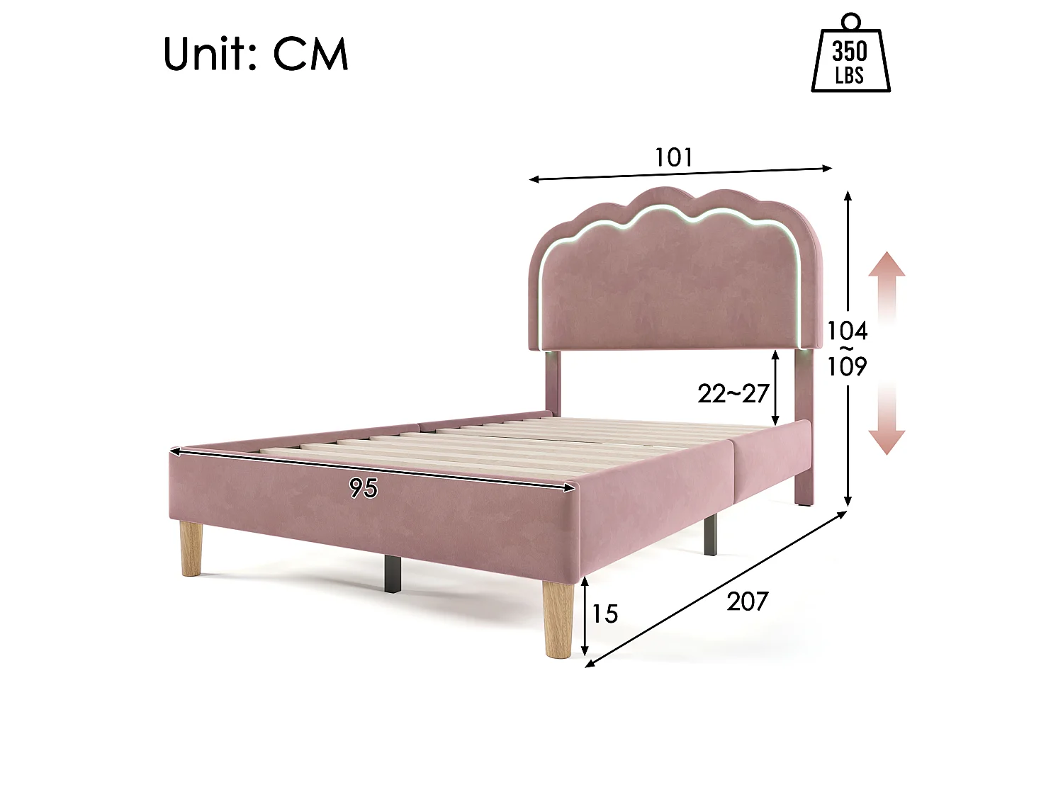 Lit rembourré LED moderne avec tête de lit réglable, 90*200cm, cadre robuste et lattes pour chambre