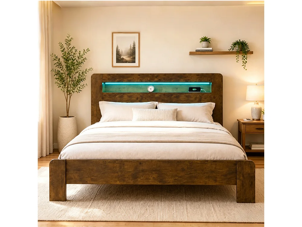 180 x 200 cm Houten platformbed met opbergruimte, LED-verlichting en geïntegreerde stopcontacten, modern vintage hoofdeinde