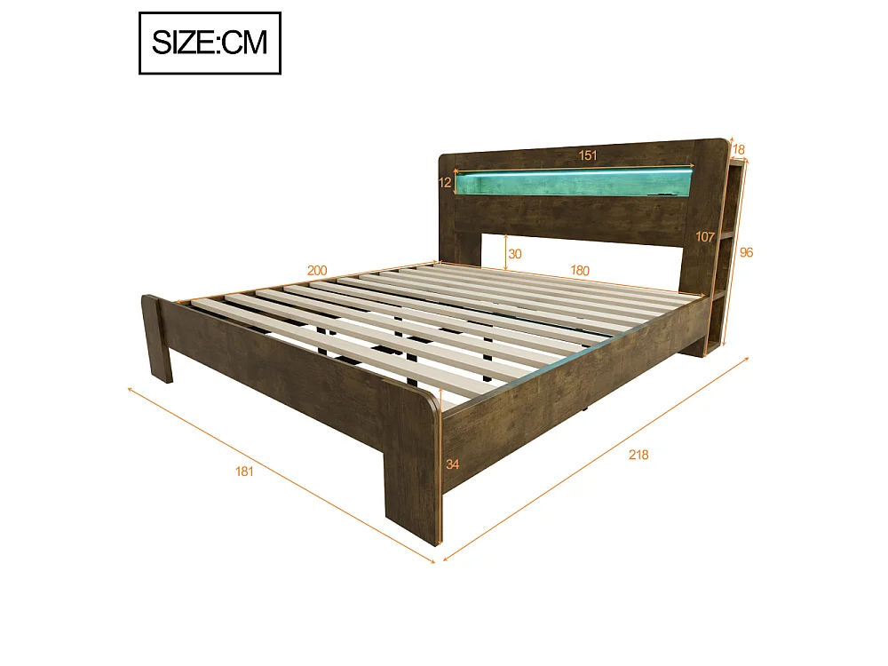180 x 200 cm Houten platformbed met opbergruimte, LED-verlichting en geïntegreerde stopcontacten, modern vintage hoofdeinde