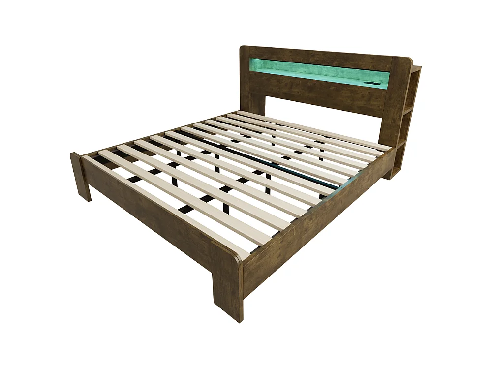 180 x 200 cm Houten platformbed met opbergruimte, LED-verlichting en geïntegreerde stopcontacten, modern vintage hoofdeinde