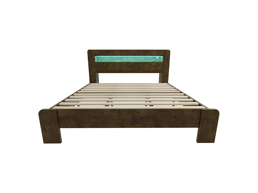 180 x 200 cm Houten platformbed met opbergruimte, LED-verlichting en geïntegreerde stopcontacten, modern vintage hoofdeinde