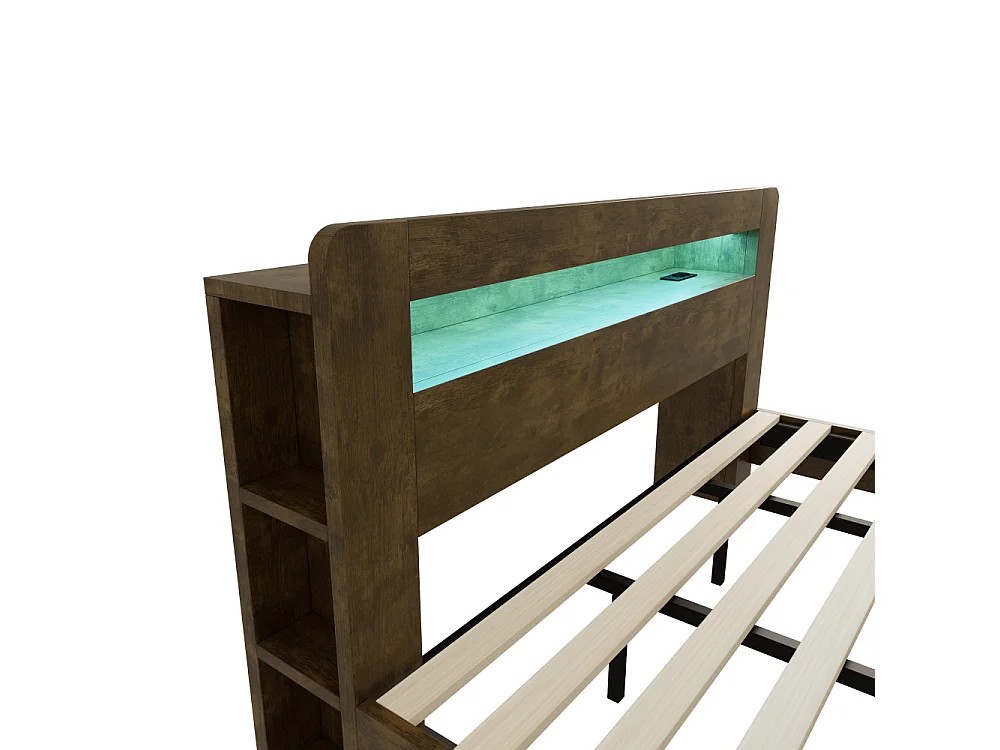 180 x 200 cm Houten platformbed met opbergruimte, LED-verlichting en geïntegreerde stopcontacten, modern vintage hoofdeinde