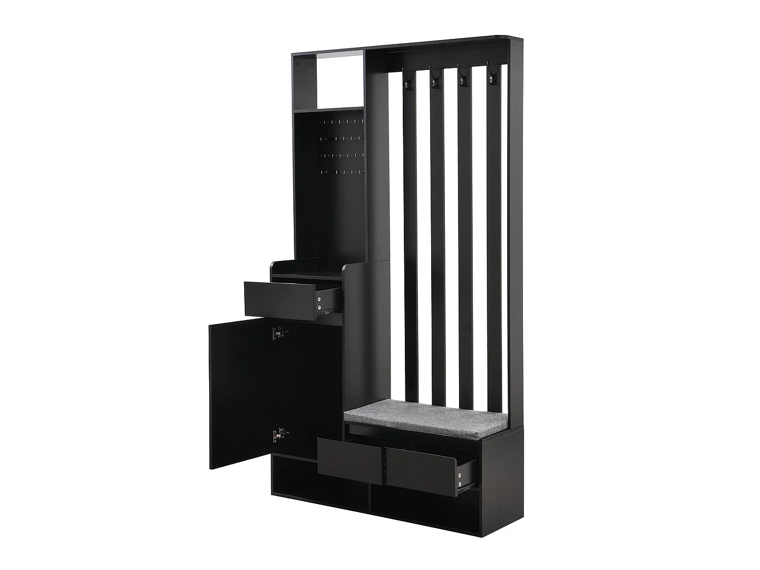 Meuble d’entrée multifonction avec banc rembourré, panneau perforé, rangement chaussures et 4 crochets – H180xL100xP35 cm, robuste et pratique