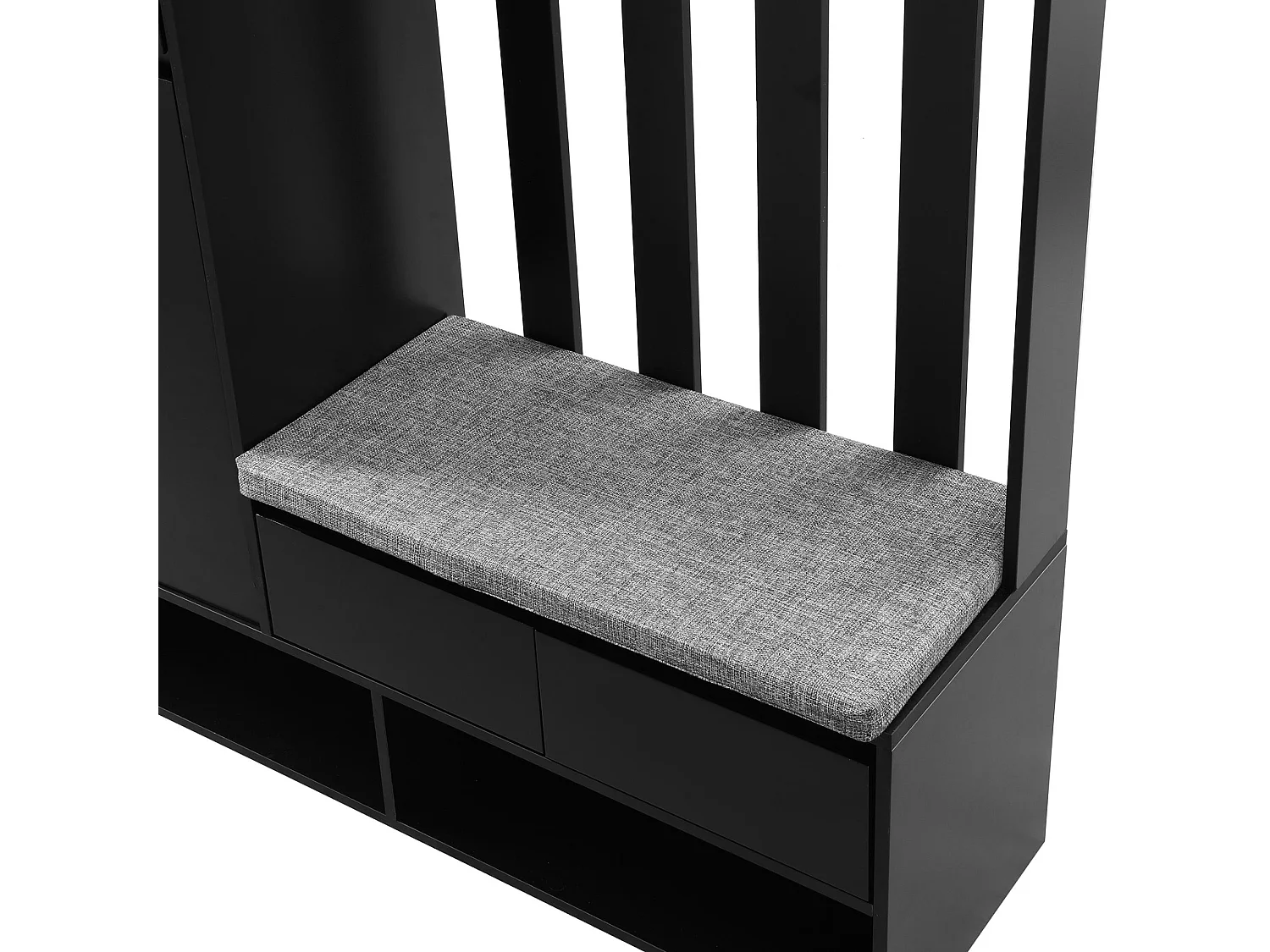 Meuble d’entrée multifonction avec banc rembourré, panneau perforé, rangement chaussures et 4 crochets – H180xL100xP35 cm, robuste et pratique